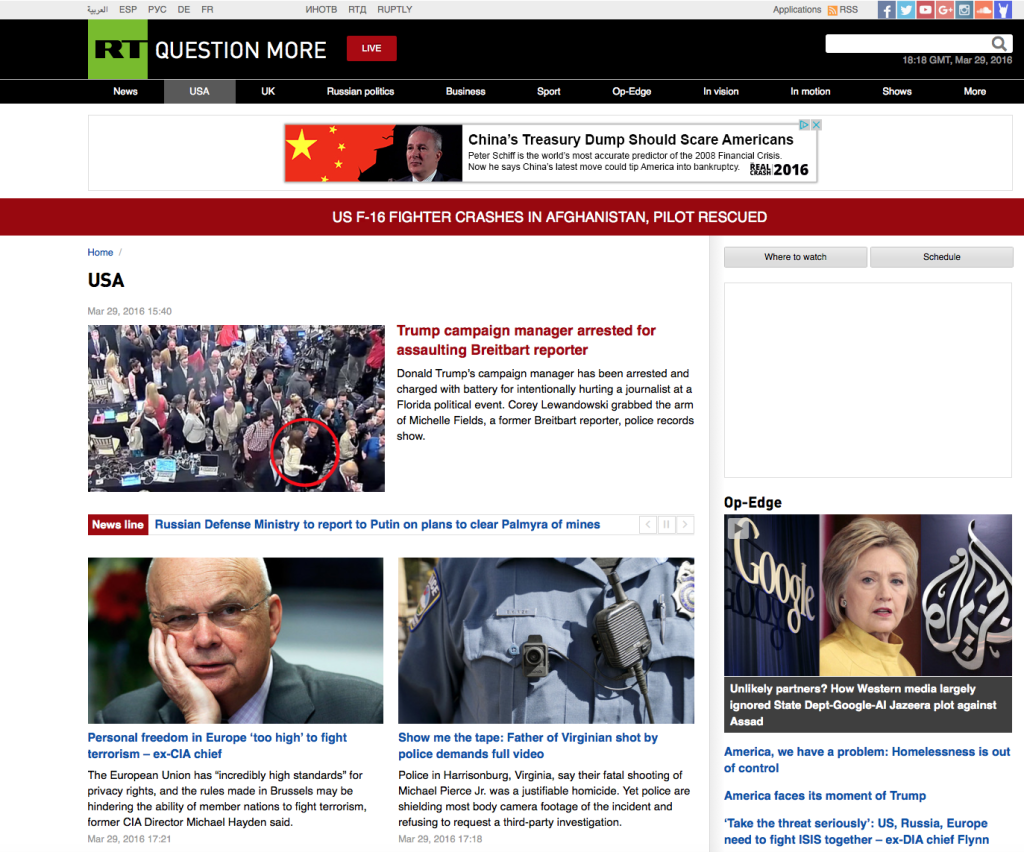 A screen shot of RT America's website (https://www.rt.com/usa) on March 29, 2016, shows news stories of the day.